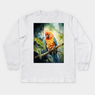 Colorful Avian Companion Perched on Tropical Tree Amidst Greenery Kids Long Sleeve T-Shirt